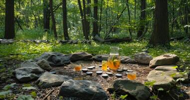 une silencieux forêt clairière Achevée avec une méditation cercle formé par rochers et une lanceur de glacé cocktails sans alcool est le idéal réglage pour paisible contemplation photo