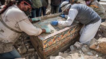 cette image capture le moment lorsque un de manière complexe décoré sarcophage est déterré incitant le archéologues à soigneusement retirer il pour plus loin étude photo