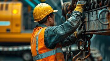 au milieu de le bruyant fredonner de lourd machinerie une ouvrier intensément guides une grue opérateur comme elles ou ils travail ensemble à bouge toi une charge avec expert précision photo