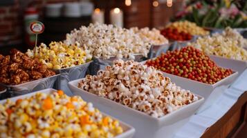 une table ensemble en haut avec différent pop corn saveur stations chaque avec une différent thème comme sucré et y ringard et exotique photo