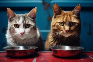 deux national chats sont assise à côté de boules de nourriture, prêt à manger. photo