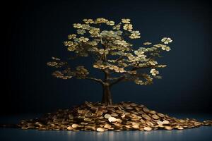 une petit arbre couvert dans un abondance de pièces de monnaie croissance de ses branches et tronc, symbolisant croissance et financier prospérité. argent arbre pousse nombreux pièces de monnaie. photo