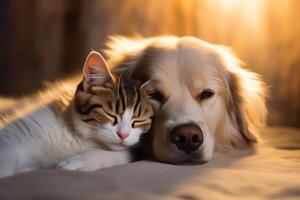 une chien et une chat mensonge sur le sol suivant à chaque autre et du repos pacifiquement. relation amicale entre animaux. photo