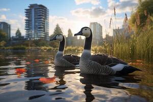 deux canards pacifiquement flottant sur le l'eau de une serein lac. photo