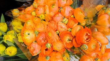 brillant Orange renoncule fleurs bouquet, printemps floral arrangement concept, idéal pour les mères journée et Pâques vacances arrière-plans ou salutation cartes photo