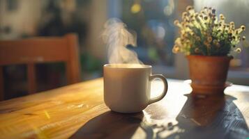 fraîchement brassée à base de plantes thé dans une minimaliste blanc tasse, vapeur en hausse doucement photo