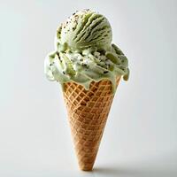 pistache la glace crème cône isolé sur blanc Contexte avec ombre. vert pistache la glace crème Haut vue plat allonger photo