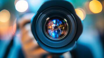 proche en haut de une caméra lentille avec coloré bokeh lumières dans le arrière-plan, idéal pour monde la photographie journée et La technologie à thème concepts photo