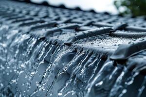 eau de pluie en cascade de une toit, proche en haut sur le écoulement eau, soulignant le intensité de le averse photo
