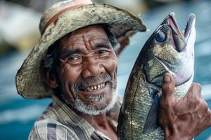 pêcheur portant une traditionnel chapeau, en portant une grand fraîchement pris poisson, fierté et la satisfaction dans le sien yeux photo