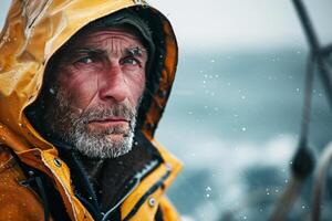 détaillé portrait de une grisonnant pêcheur dans pluie engrenage, une chevronné pro contre une orageux mer Contexte photo