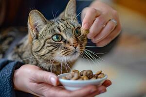 propriétaire alimentation une spécial traiter à leur chat, une chat journée fête avec gourmet chat nourriture photo