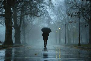 solitaire figure avec un parapluie en marchant par une fortement pluie trempé parc, brouillard et bruine autour photo