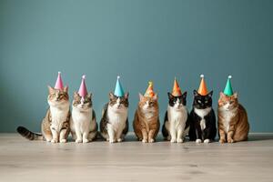 s'aligner de chats portant fête Chapeaux à une chat journée fête, humoristique et adorable scène photo