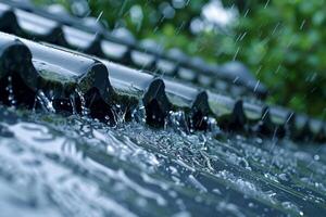 eau de pluie en cascade de une toit, proche en haut sur le écoulement eau, soulignant le intensité de le averse photo