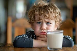 Jeune enfant à la recherche malheureux avec une verre de ordinaire lait, symbolisant de bonne heure panneaux de lactose intolérance photo