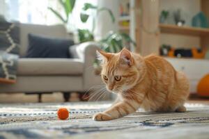 chat en jouant avec une chat journée à thème jouet, vibrant et animé action coup dans une vivant pièce photo