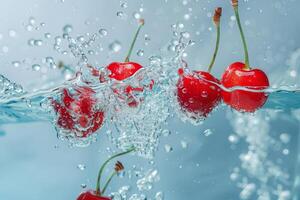 vibrant cerises goutte dans cristal clair eau, dynamique éclaboussure, brillant Contexte photo