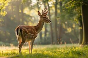 faune halètement dans le ombre pendant de pointe chaleur, une cerf dans une forêt clairière à la recherche stressé photo