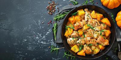 rôti poulet avec herbes et l'automne des légumes dans une jeter le fer poêlon, parfait pour action de grâces dîner ou une de fête tomber repas présentation photo