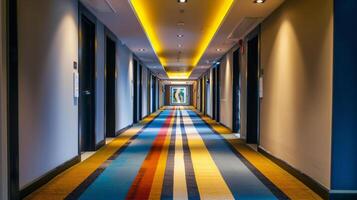 moderne Hôtel couloir avec vibrant rayé tapis et illuminé plafond, adapté pour concepts tel comme voyage, hébergement, et architecture photo