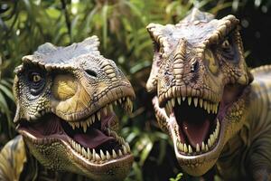 gros effrayant faim dinosaure avec gentil yeux et tranchant les dents détruire parc photo