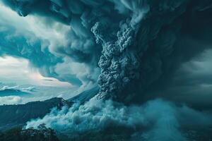 éclater volcan avec en cascade chaud lave entouré épais blanc fumée photo
