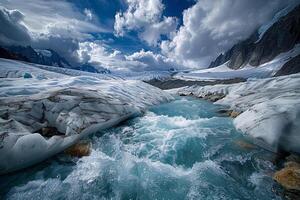 courant de fusion glacier eau, montrant rapide couler dû à excessif chaleur, mise en évidence climat changement impact photo