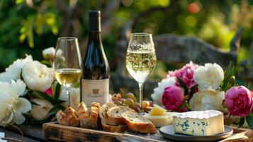 parfait photo, Stock style photo paisible Extérieur repas dans une parfumé pivoine jardin, avec vin, pain, et fromage sur une rustique en bois plateau