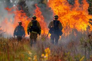 sapeurs pompiers réglage une maîtrisé brûler à prévenir plus grande les incendies de forêt, stratégique flammes en dessous de une maîtrisé réglage photo