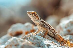 proche en haut de une lézard sur chaud rochers, en utilisant minimal mouvement à conserver énergie pendant de pointe chaleur photo