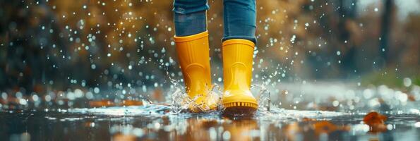 enfant joyeusement éclaboussures dans une flaque portant brillant Jaune pluie bottes, pluvieux journée amusement , vide espace pour texte photo