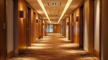 moderne Hôtel couloir avec en bois planchers et chaud éclairage, adapté pour affaires voyage, hospitalité, et réel biens concepts photo
