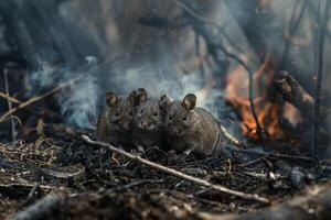 petit mammifères recroquevillé dans une effacé zone, entouré par fumée et braise, désespéré pour sécurité photo