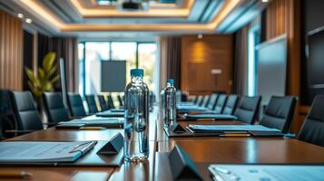 élégant moderne salle de réunion avec cuir chaises, l'eau bouteilles, et blocs-notes, prêt pour une entreprise réunion ou conférence, avec une concentrer sur professionnel réglages photo