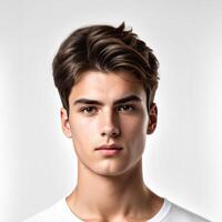 portrait de une sur de soi Jeune caucasien Masculin avec élégant cheveux contre une blanc arrière-plan, idéal pour mode et toilettage concepts photo