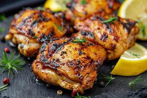 grillé herbe mariné poulet les cuisses avec citron tranches sur une ardoise arrière-plan, idéal pour été barbecues et en bonne santé en mangeant concepts photo