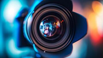 proche en haut de une caméra lentille avec coloré bokeh lumières reflétant, adapté pour concepts en relation à la photographie, technologie, et visuel les arts journée photo