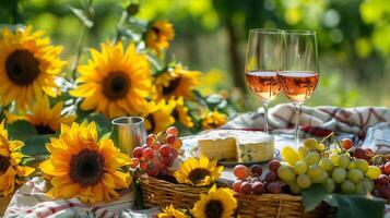 parfait photo, Stock style photo charmant pique-nique scène avec du vin des lunettes et une fromage plat, entouré par vibrant tournesols