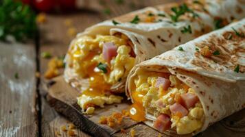 enveloppé tortilla avec œufs, jambon et fromage pour petit déjeuner avec ample copie espace, vif Contexte photo