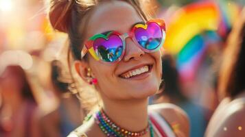 joyeux femme portant cœur en forme de des lunettes de soleil à une été festival, représentant fête, diversité, et fierté mois festivités photo