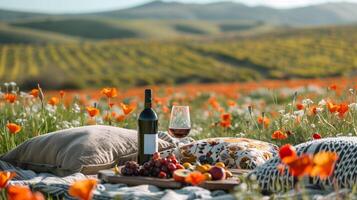 parfait photo, Stock style photo idyllique pique-nique réglage dans une coquelicot champ, Achevée avec une bouteille de vin, fruit, et peluche oreillers pour sièges