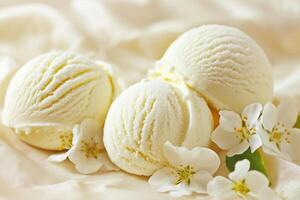 vanille la glace crème boules garni avec blanc fleurs sur une crémeux textile toile de fond, évoquant concepts de été rafraîchissement et dessert les menus photo