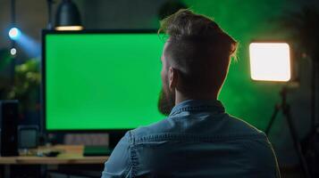 barbu homme travail sur Publier production avec vert écran moniteur dans une vaguement allumé personnel studio, en relation à film édition, technologie, et international ouvriers journée photo