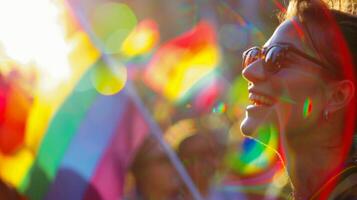 joyeux femme avec des lunettes de soleil profiter une vibrant Extérieur festival, baigné dans lumière du soleil et bokeh, incarnant été, la musique événements, et international journée de bonheur photo