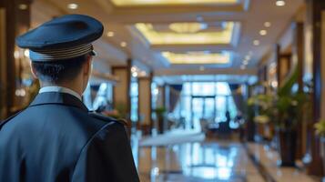 en uniforme Hôtel portier en attente invités dans une luxe lobby, évoquant concepts de hospitalité, un service industrie, et Voyage hébergement photo