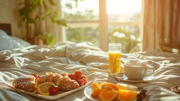 confortable Matin petit déjeuner dans lit avec des croissants, Frais des fraises, Orange tranches, une tasse de café, et jus, dans une ensoleillé chambre, suggérant loisir et les mères journée photo