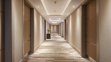 élégant moderne Hôtel couloir avec beige des portes et décoratif éclairage, adapté pour affaires Voyage ou hospitalité industrie contenu photo
