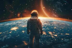 sur thème de astronaute en volant dans zéro la gravité contre étoilé ciel dans Profond foncé espace photo