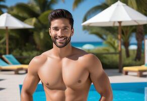 souriant Jeune adulte Masculin avec une en forme physique profiter une ensoleillé été journée par une recours piscine, représentant vacances et santé concepts photo